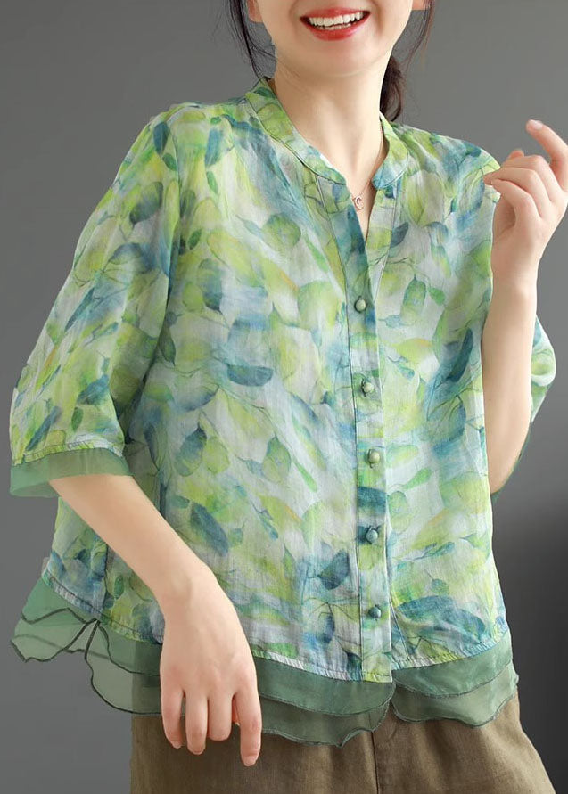 Green Print Patchwork Linen Shirt Top V Neck Button Half Sleeve