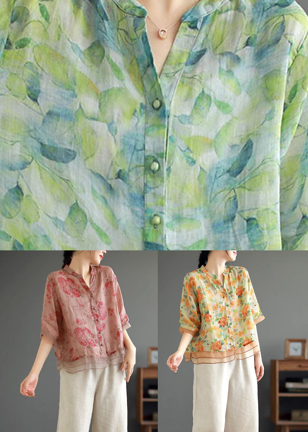 Green Print Patchwork Linen Shirt Top V Neck Button Half Sleeve
