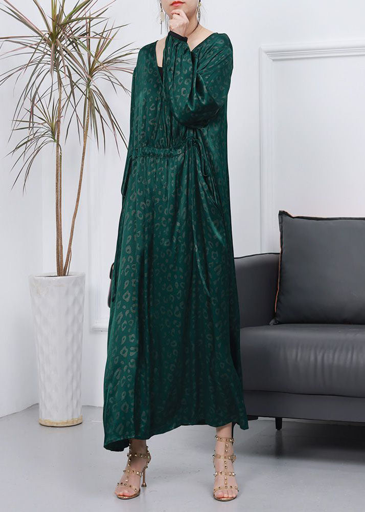 Green Print Patchwork Long Silk Dress V Neck Wrinkled Spring