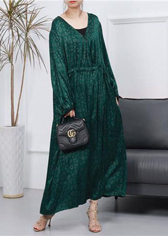 Green Print Patchwork Long Silk Dress V Neck Wrinkled Spring