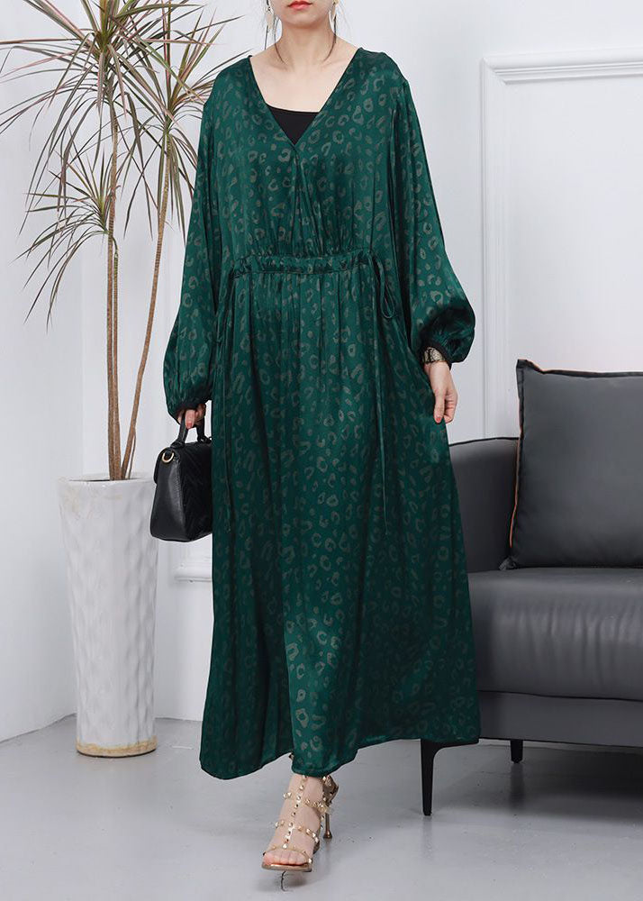 Green Print Patchwork Long Silk Dress V Neck Wrinkled Spring