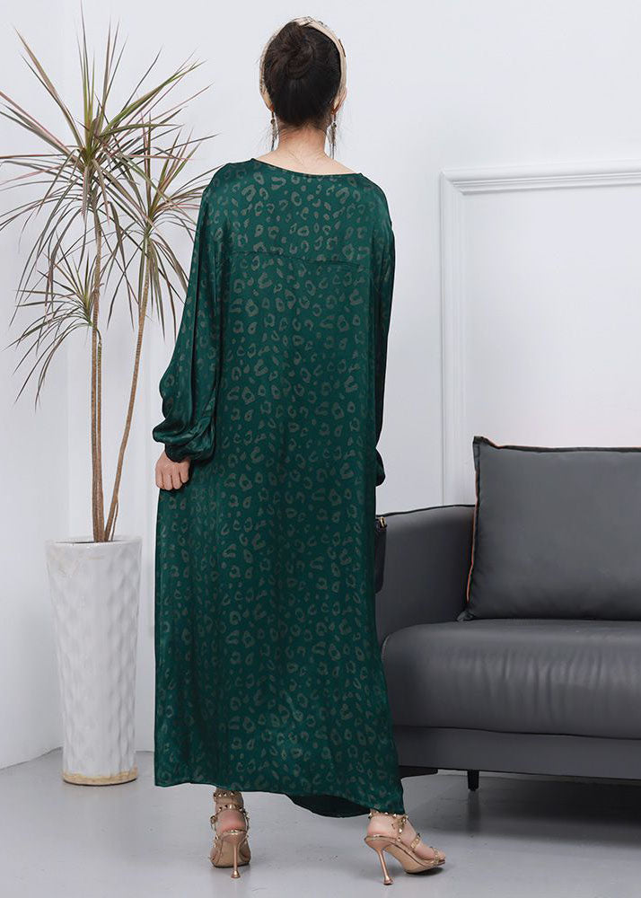 Green Print Patchwork Long Silk Dress V Neck Wrinkled Spring