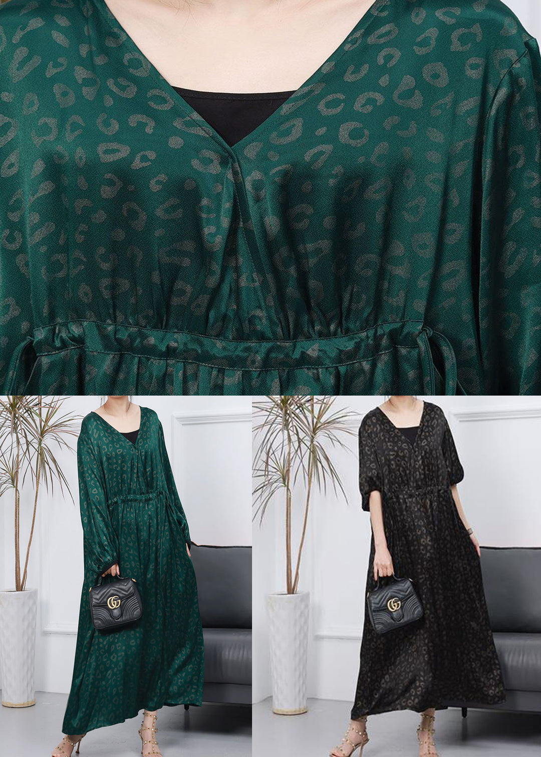 Green Print Patchwork Long Silk Dress V Neck Wrinkled Spring