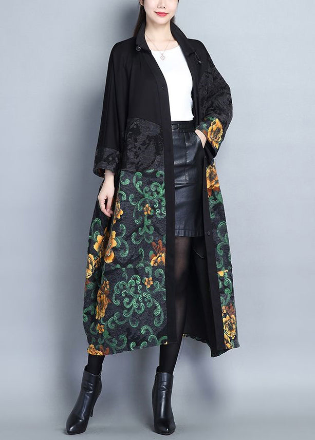 Green Print Pockets Patchwork Cotton Long Trench Coats Button Long Sleeve