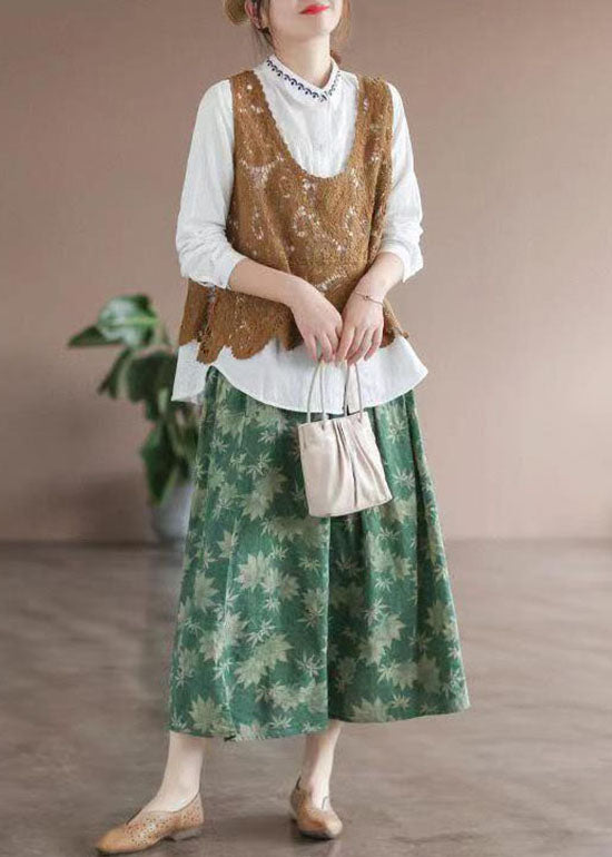 Green Print Pockets Patchwork Cotton Skirts Wrinkled Summer