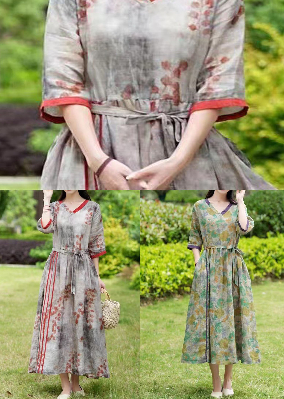 Green Print Pockets Patchwork Linen Dress Tie Waist Summer