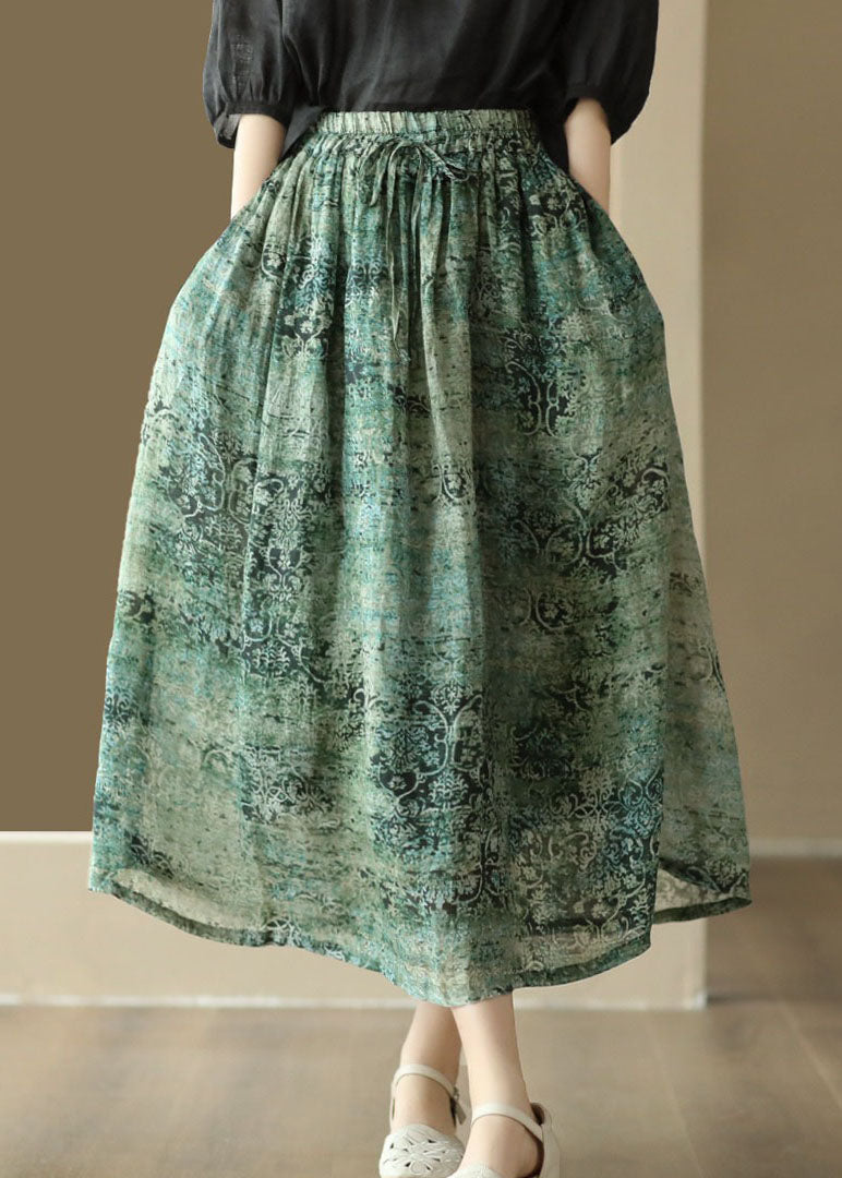 Green Print Pockets Patchwork Linen Skirts Wrinkled Summer