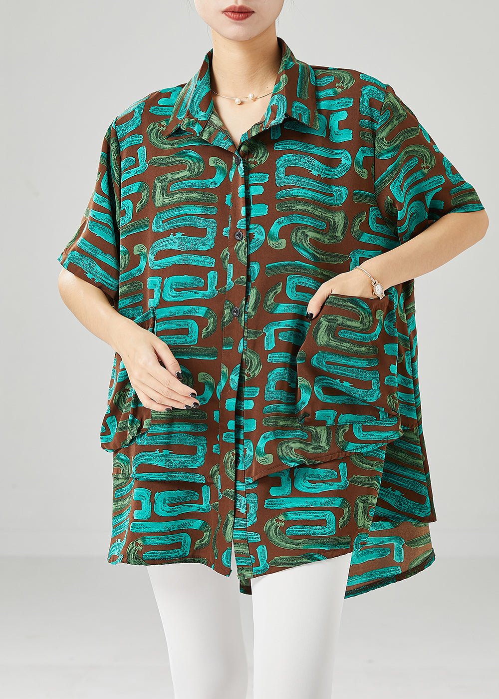 Green Print Spandex Blouses Oversized Summer