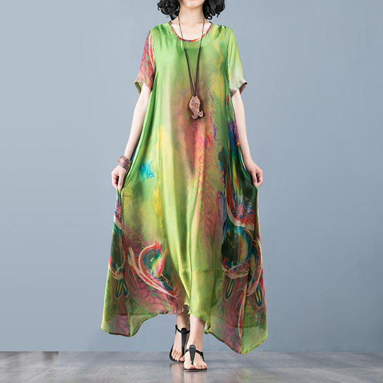 Green Printed Loose Style linen outfit Women Abstract Soft Comfortable Dress - Omychic