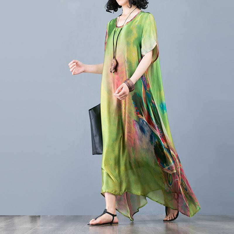 Green Printed Loose Style linen outfit Women Abstract Soft Comfortable Dress - Omychic