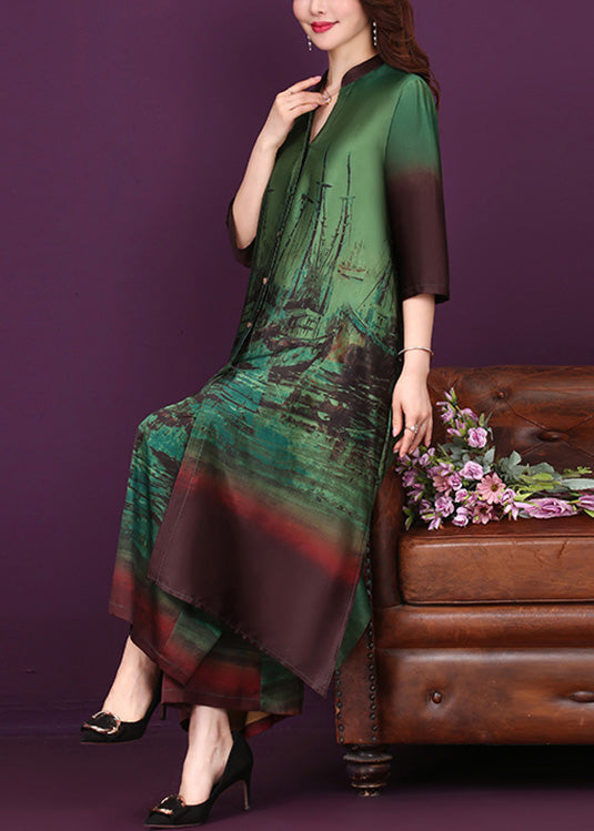 Green Side Open Button Silk Long Shirts And Wide Leg Pants Two Pieces