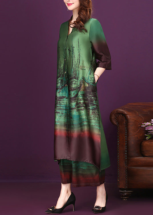 Green Side Open Button Silk Long Shirts And Wide Leg Pants Two Pieces
