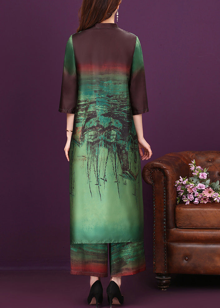 Green Side Open Button Silk Long Shirts And Wide Leg Pants Two Pieces