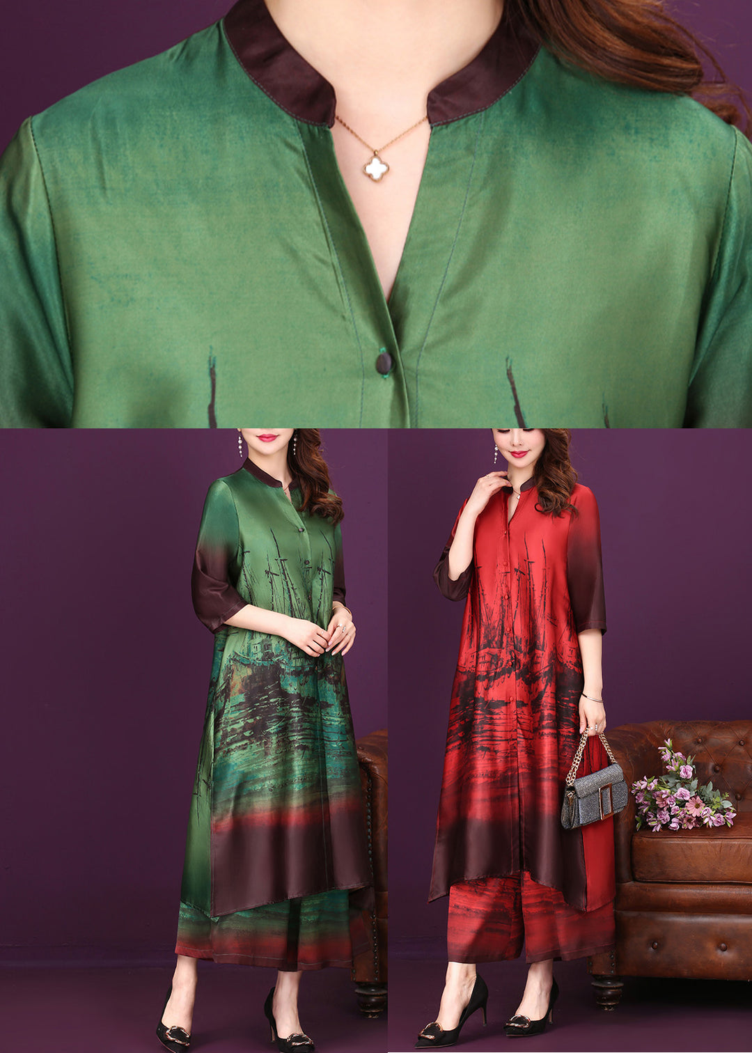 Green Side Open Button Silk Long Shirts And Wide Leg Pants Two Pieces