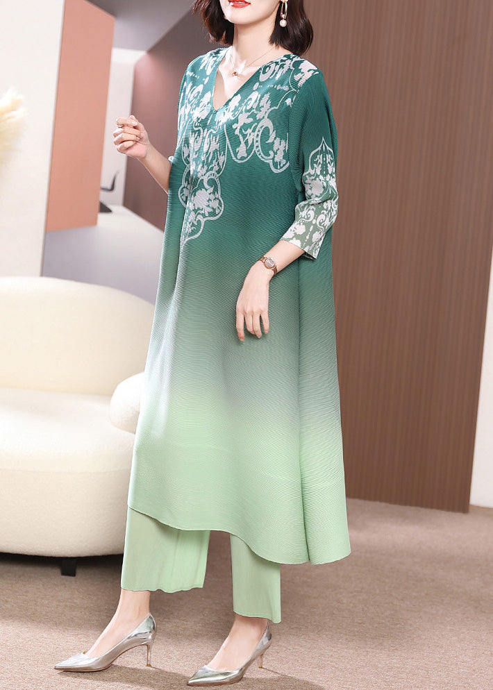 Green Side Open Long Dress And Wide Leg Pants Two Piece Set Half Sleeve