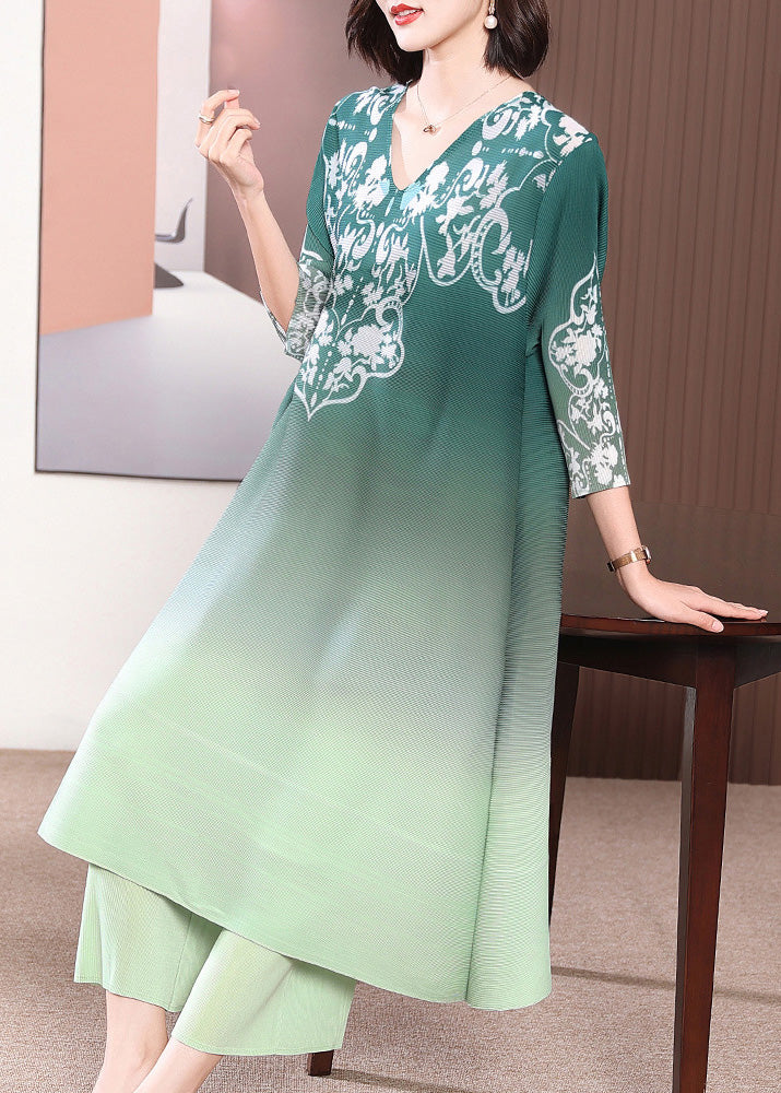 Green Side Open Long Dress And Wide Leg Pants Two Piece Set Half Sleeve