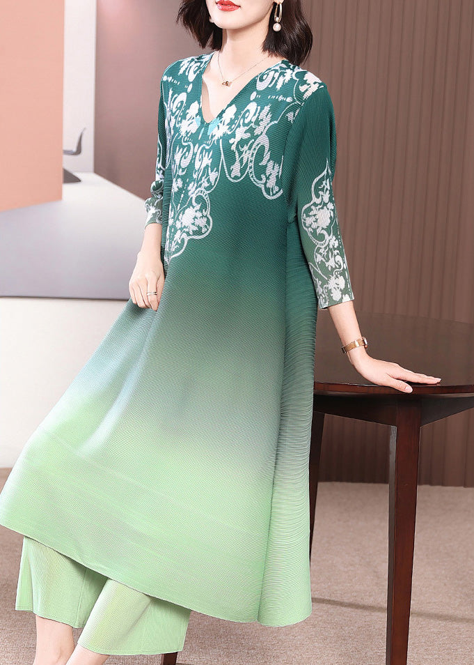 Green Side Open Long Dress And Wide Leg Pants Two Piece Set Half Sleeve