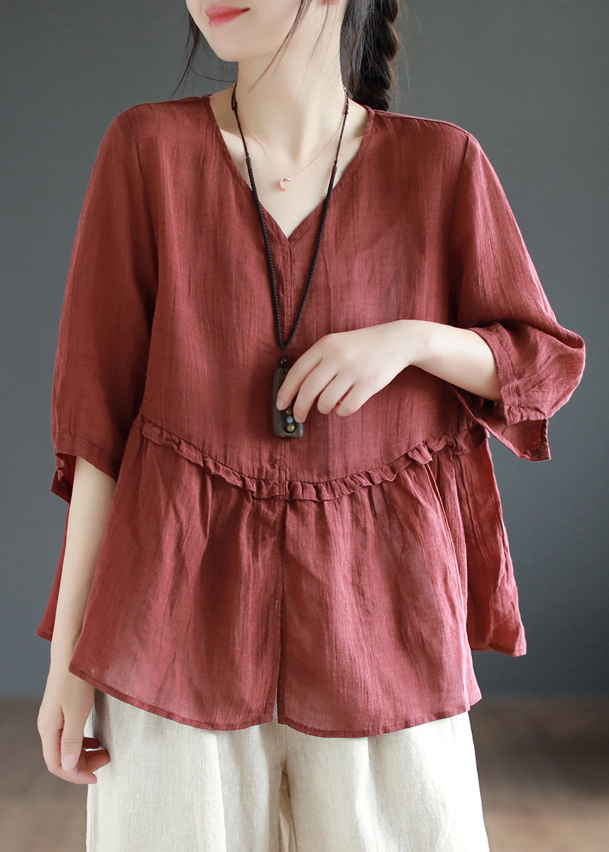 Green Side Open Patchwork Linen Top V Neck Half Sleeve