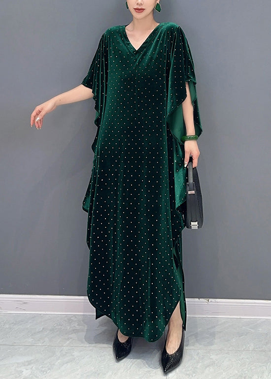 Green Side Open Patchwork Velour Long Dress V Neck Batwing Sleeve