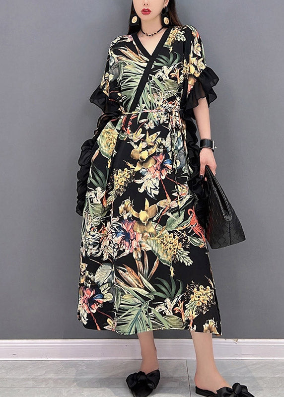 Green Side Open Print Long Dress Short Sleeve