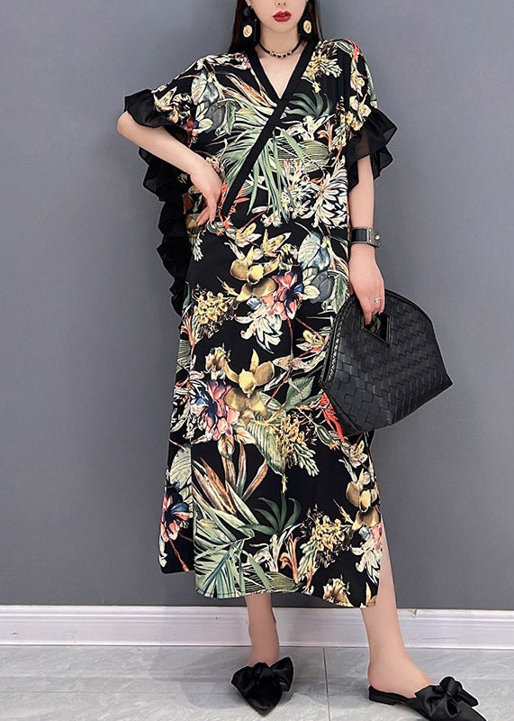 Green Side Open Print Long Dress Short Sleeve