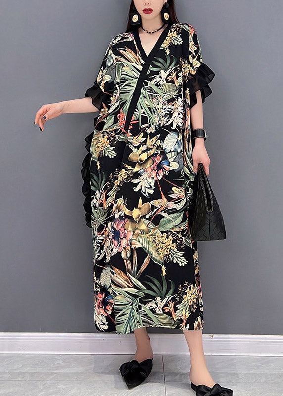 Green Side Open Print Long Dress Short Sleeve