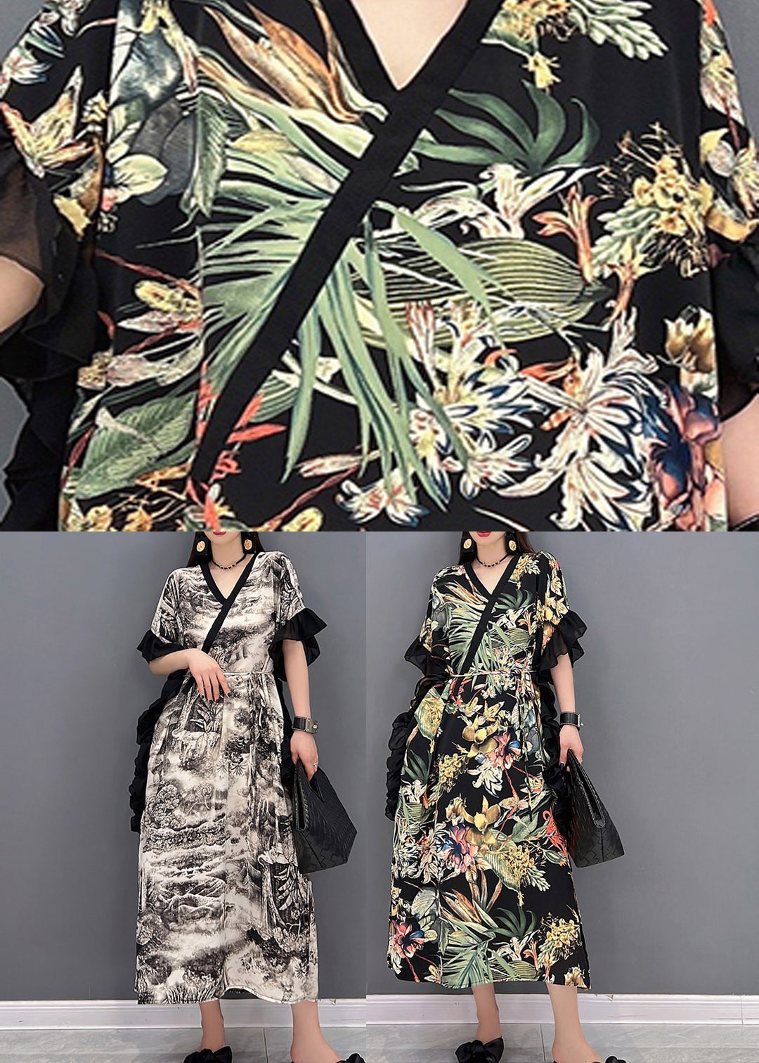 Green Side Open Print Long Dress Short Sleeve