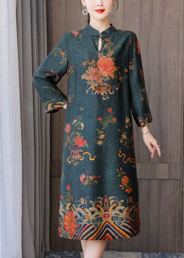 Green Side Open Silk Vacation Cheongsam Dresses Mandarin Collar Bracelet Sleeve