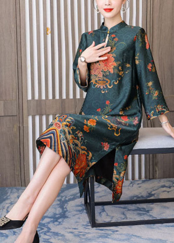 Green Side Open Silk Vacation Cheongsam Dresses Mandarin Collar Bracelet Sleeve