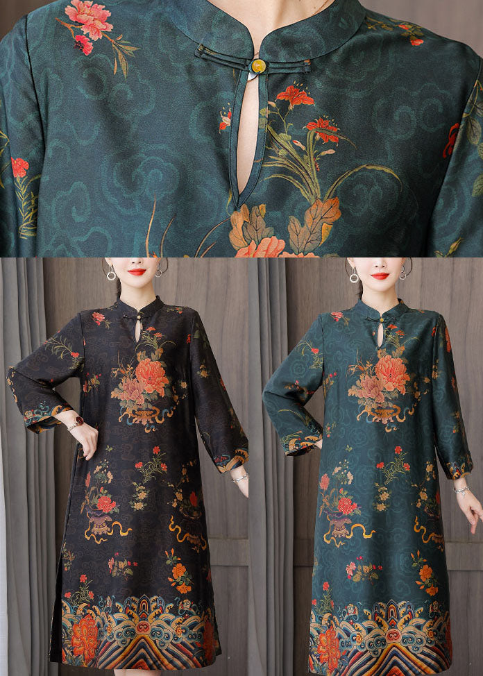 Green Side Open Silk Vacation Cheongsam Dresses Mandarin Collar Bracelet Sleeve