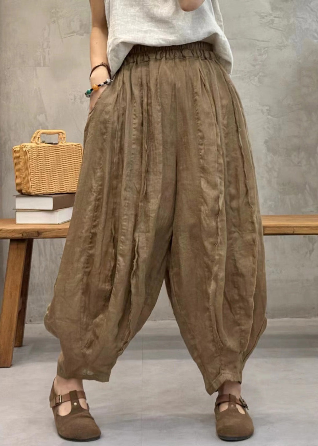 Green Solid Elastic Waist Thin Linen Crop Pants Pockets