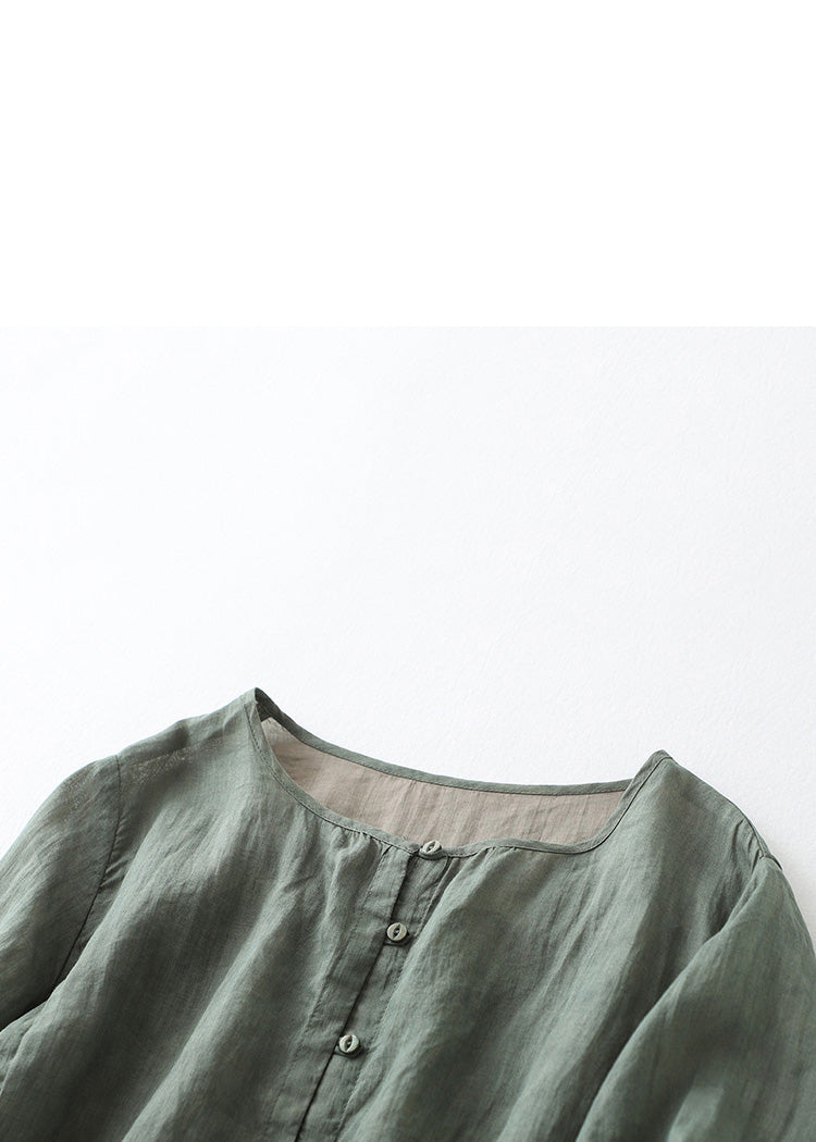 Green Solid Patchwork Cotton Shirts O Neck Bracelet Sleeve