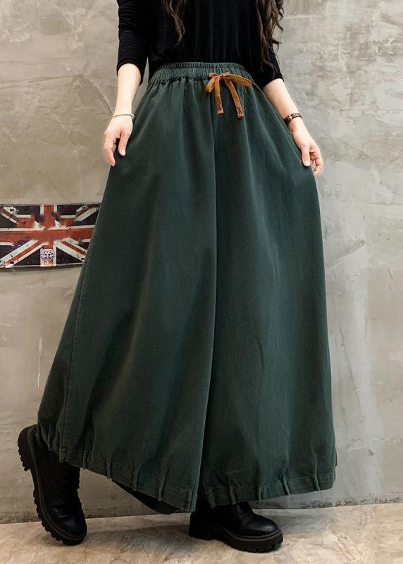 Green Solid Pockets Cotton Wide Leg Pants High Waist