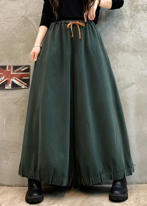 Green Solid Pockets Cotton Wide Leg Pants High Waist