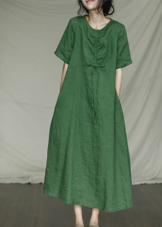 Green Solid Pockets Linen Dress Short Sleeve