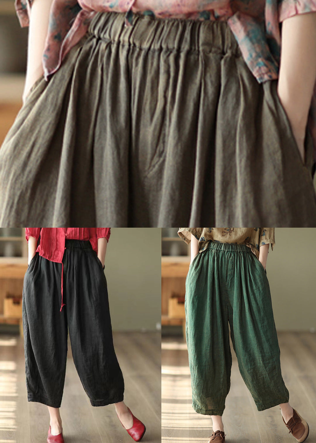 Green Solid Pockets Loose Linen Harem Pants High Waist