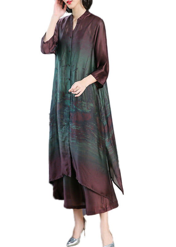 Green Thin Silk Shirt Dress And Wide Leg Pants Two Pieces Set Pockets Summer