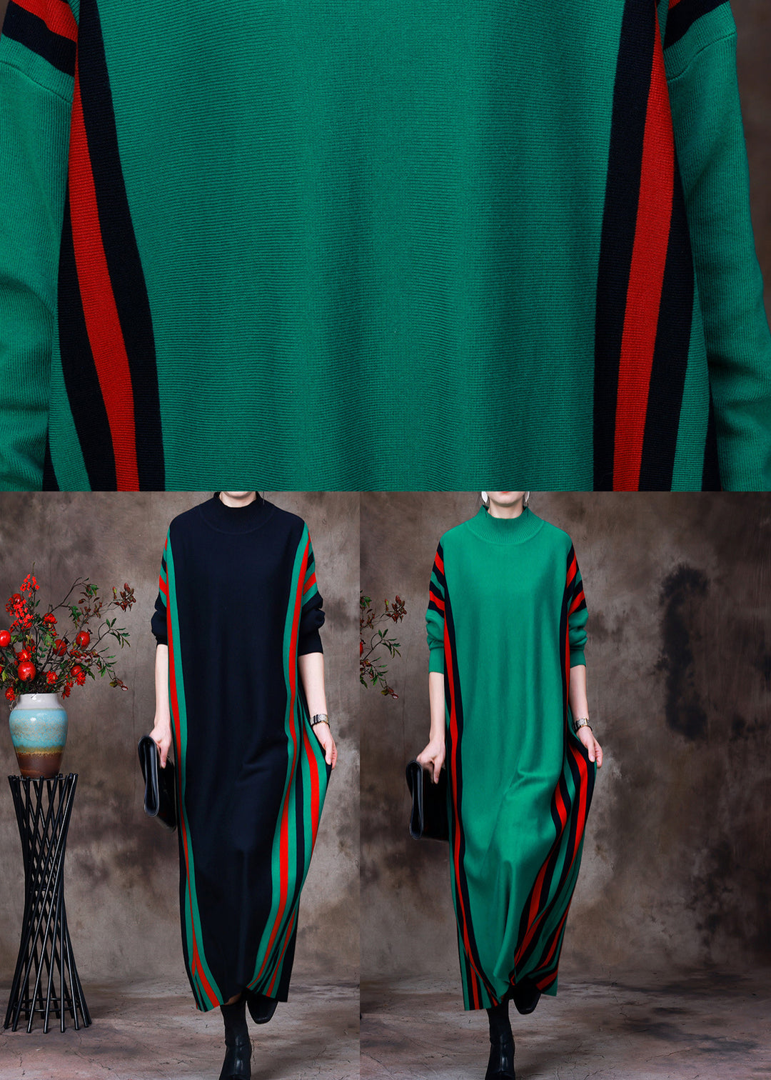 Green Turtleneck Striped Patchwork Knit Long Sweater Dress Long Sleeve