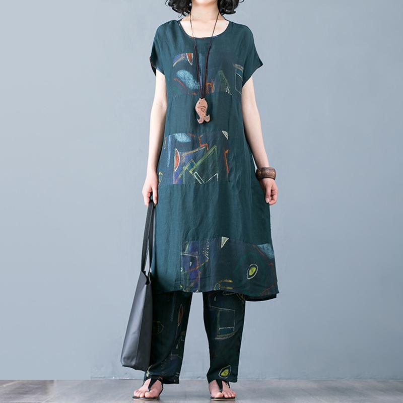 Green Unique cotton quilting two pieces Indian Cotton Linen Spliced Blouse And Harem Pants - Omychic