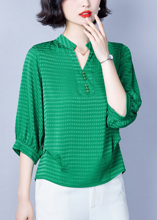Green V Neck Button Chiffon Shirt Half Sleeve