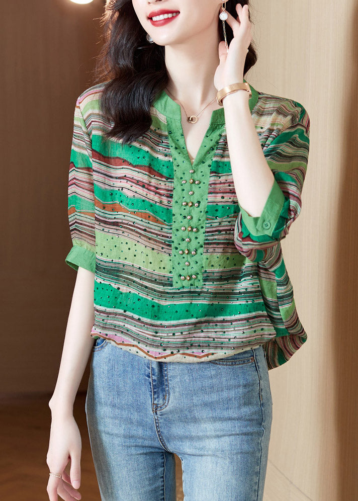 Green V Neck Striped Rivet Cotton Top Half Sleeve