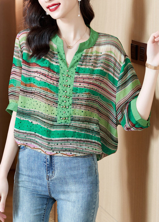 Green V Neck Striped Rivet Cotton Top Half Sleeve