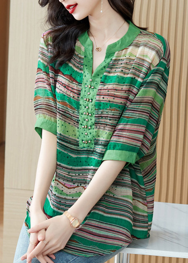 Green V Neck Striped Rivet Cotton Top Half Sleeve