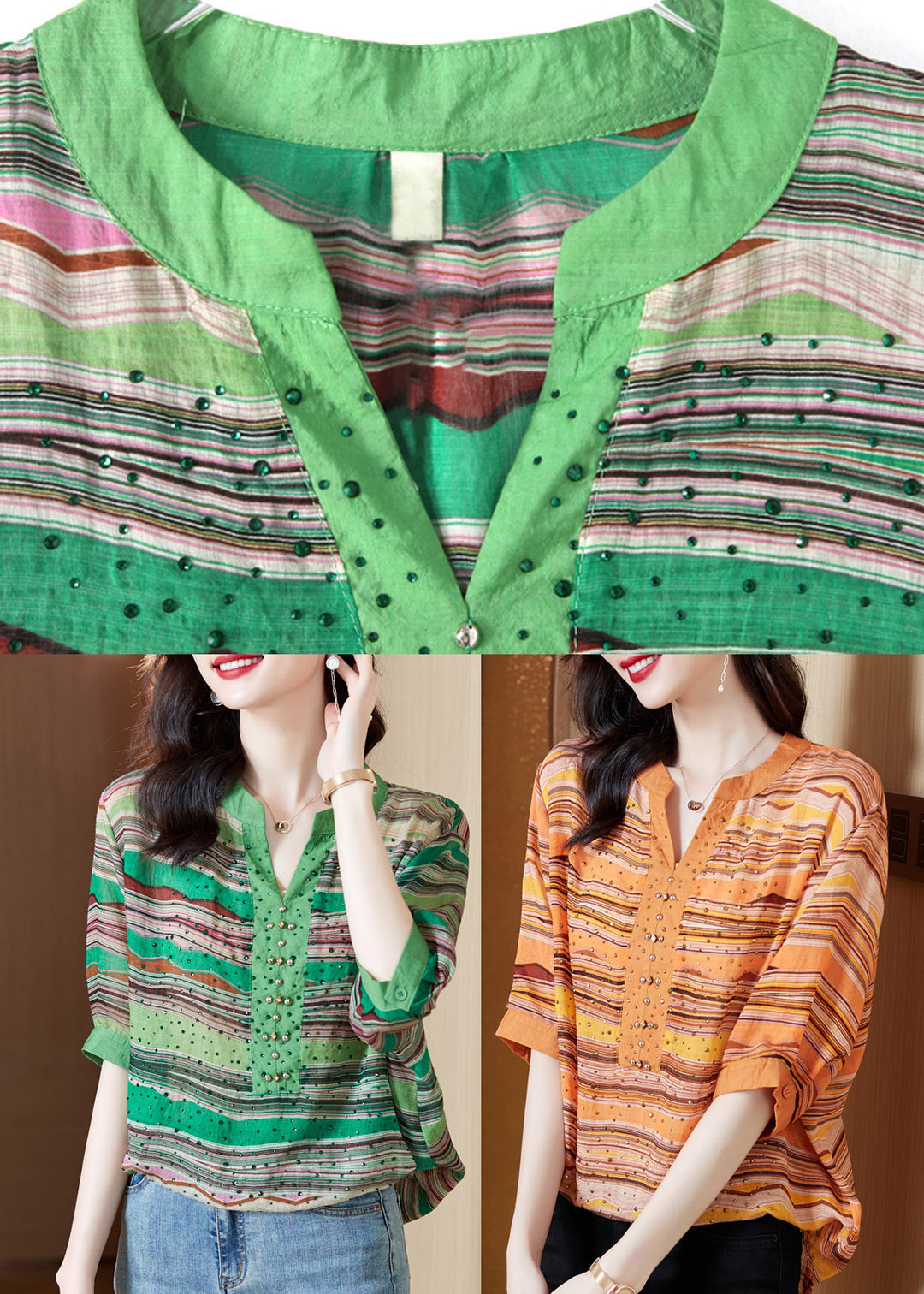 Green V Neck Striped Rivet Cotton Top Half Sleeve
