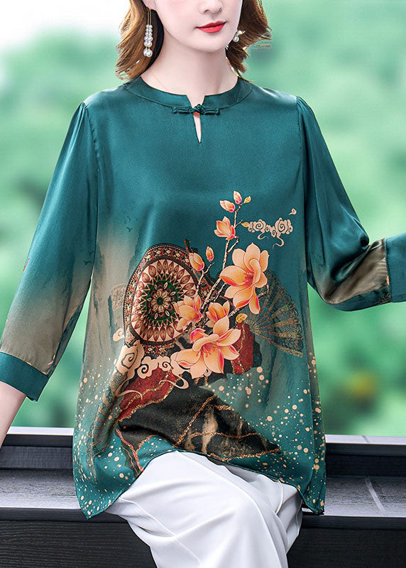 Green Vintage Print Silk Shirts Oriental Button Half Sleeve