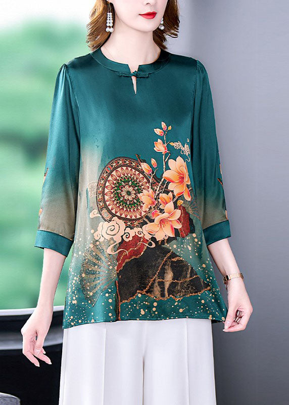 Green Vintage Print Silk Shirts Oriental Button Half Sleeve