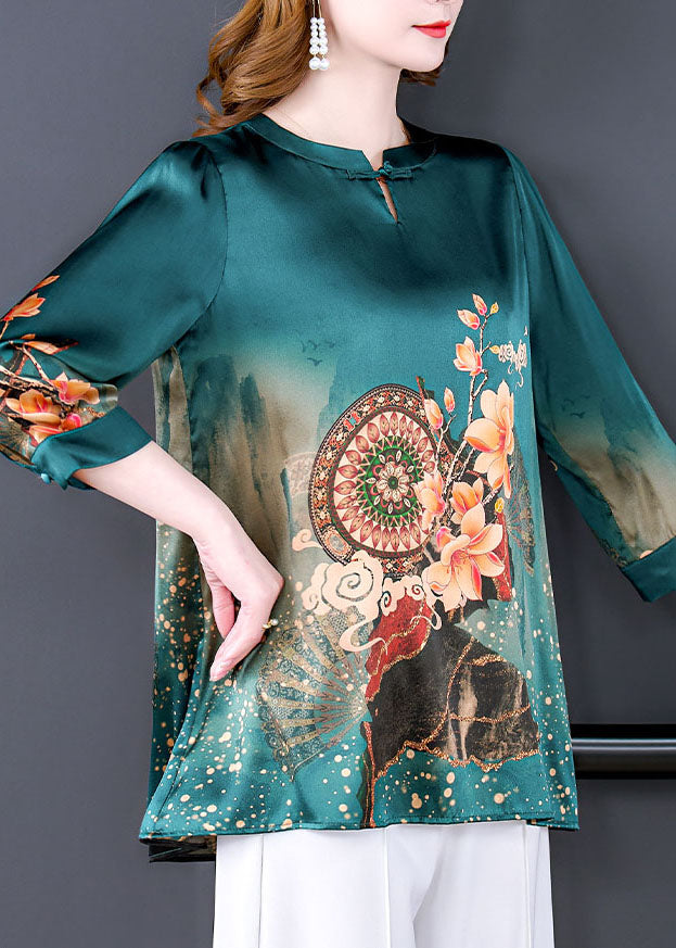 Green Vintage Print Silk Shirts Oriental Button Half Sleeve