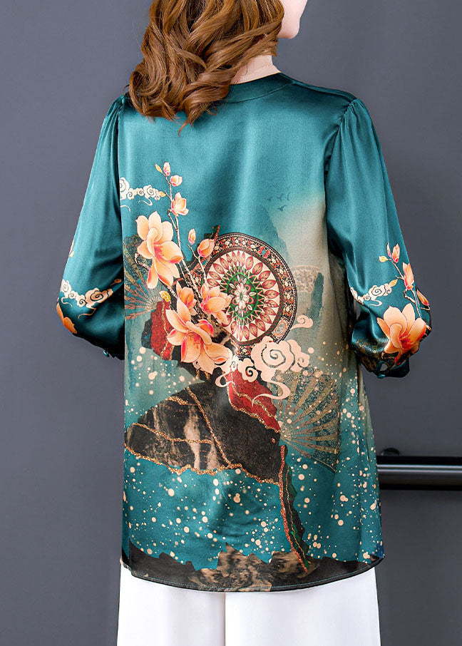 Green Vintage Print Silk Shirts Oriental Button Half Sleeve