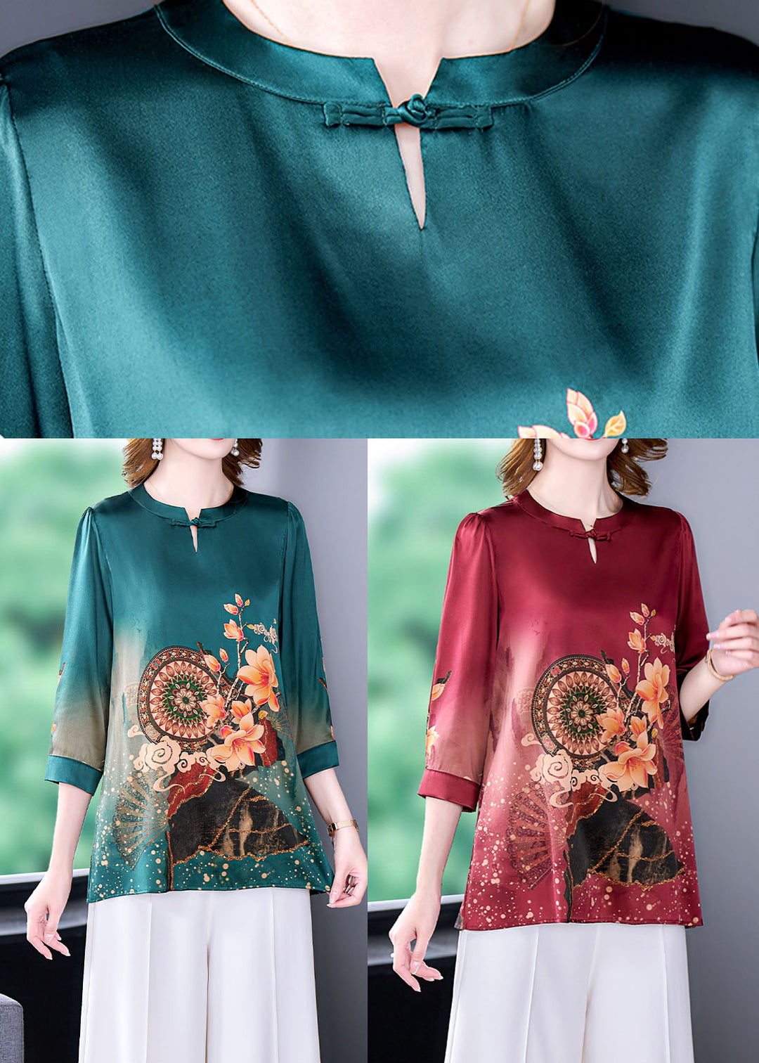 Green Vintage Print Silk Shirts Oriental Button Half Sleeve