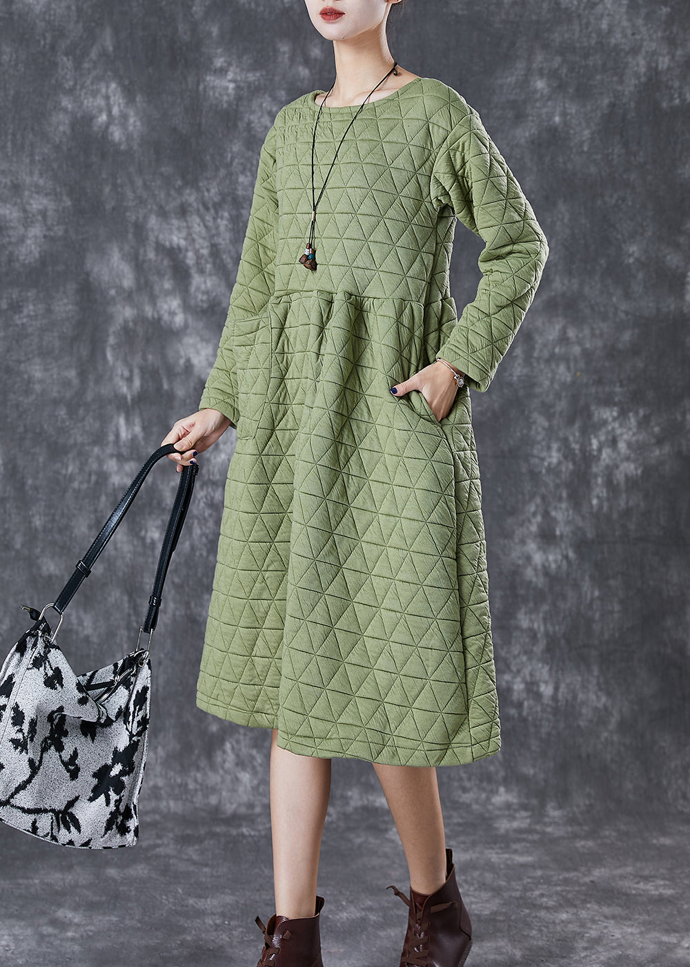 Green Warm Fine Cotton Filled Holiday Dress Winter